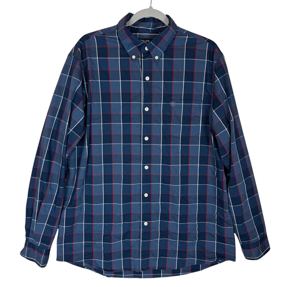 Chaps Shirt Mens Large Blue Plaid‎ Stretch Cotton Stretch Casual Button-Down